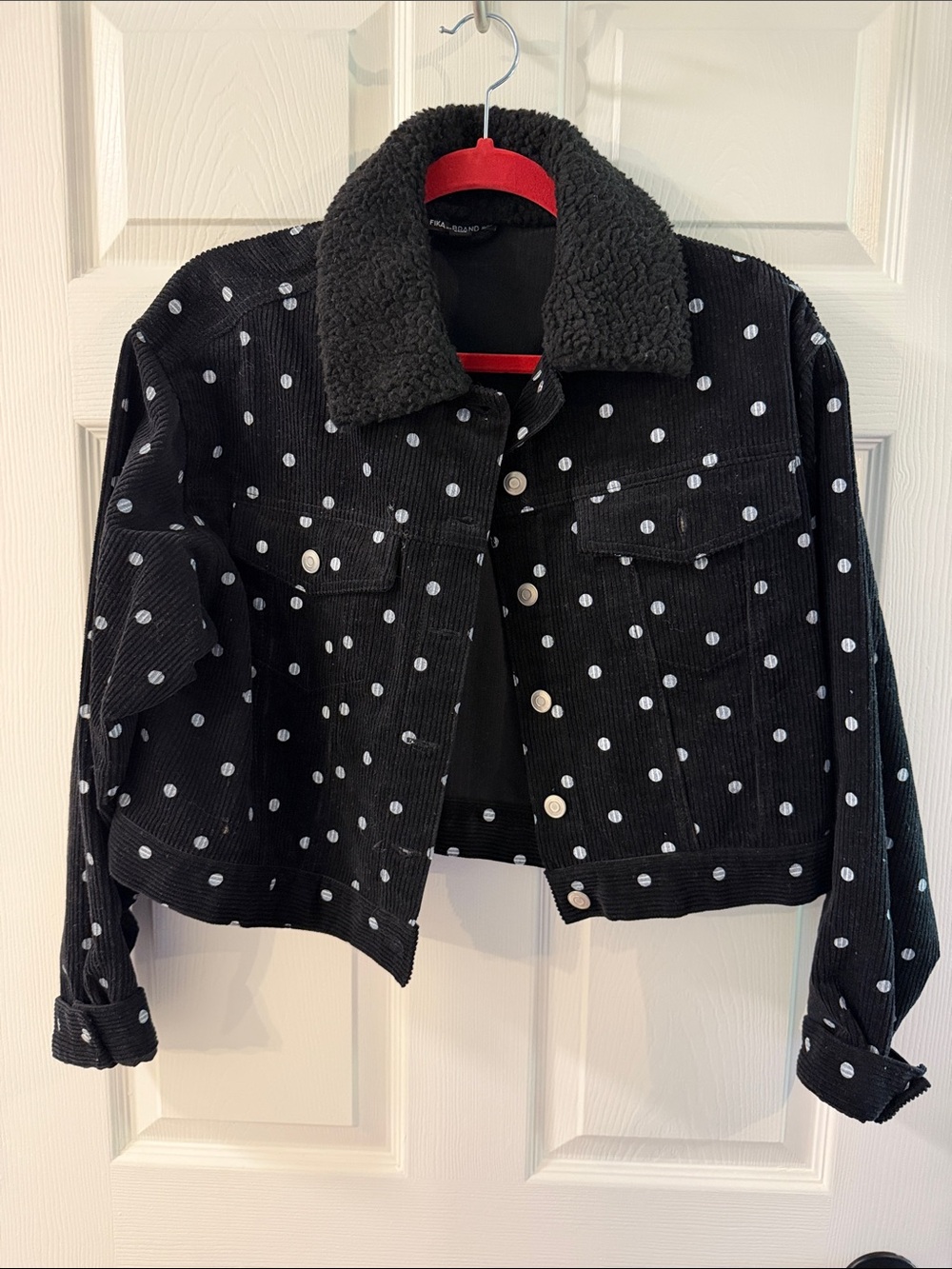 Kids Black Polka Dot Corduroy Jacket with Sherpa Collar